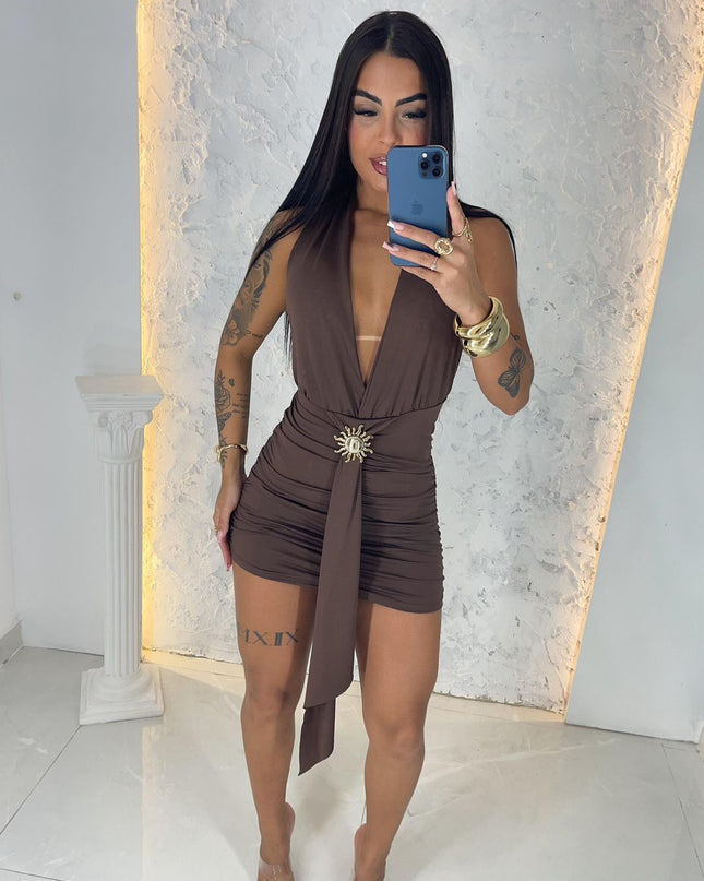 Vestido Solari Curto, Drapeado. Costas Nua, Frente Única 448