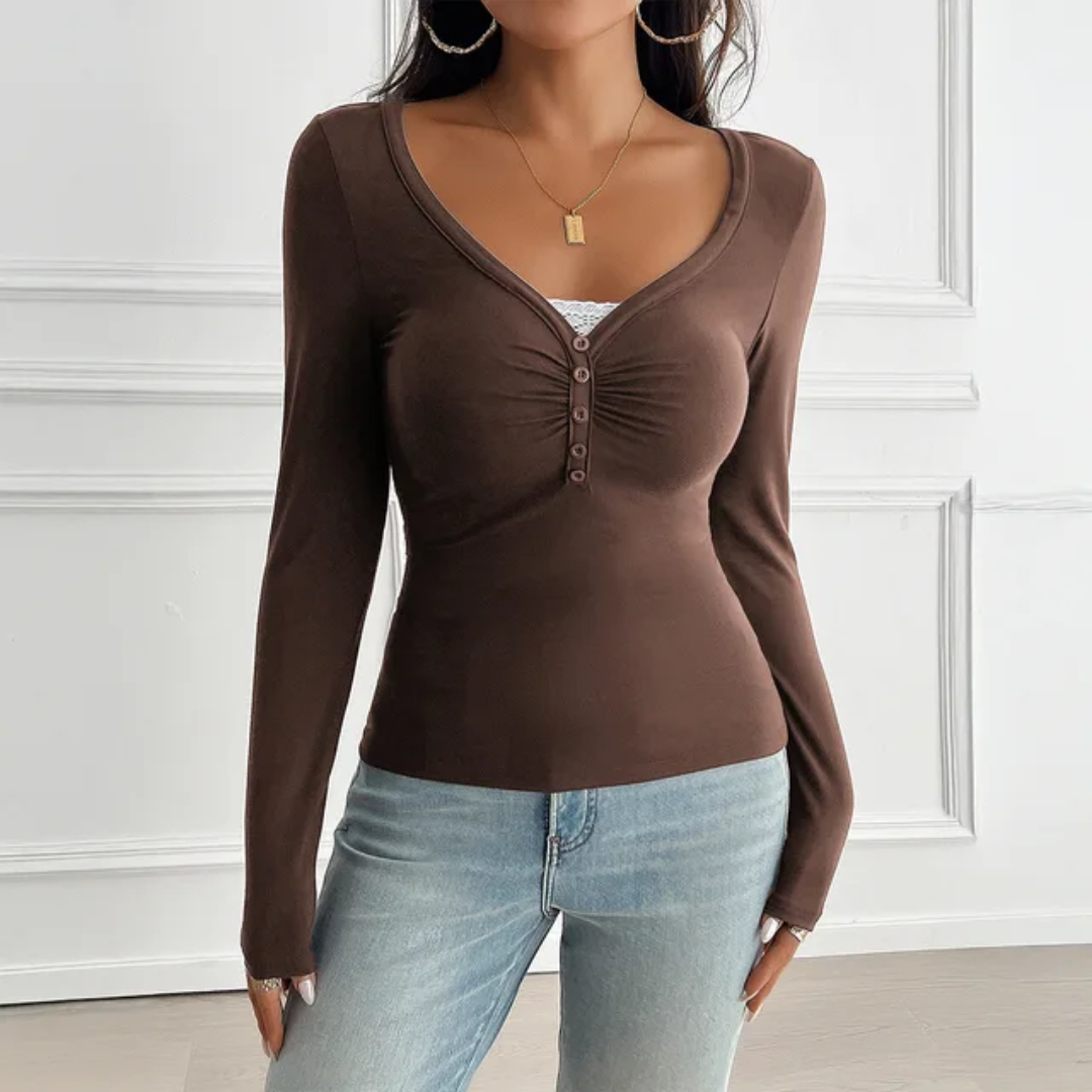 Camiseta Feminina Roupas de Outono Casual Diária Sexy Renda Contraste Manga Longa Decote em V Slim Top 123