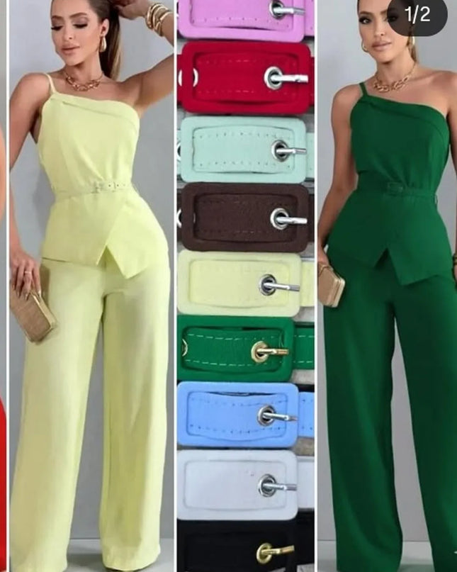 Conjunto Feminino Blusa 1 ombro Assimetrica e calça Pantalona Com cinto 326