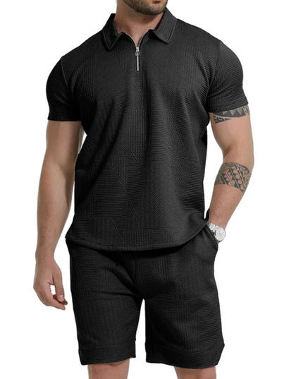 Summer Sport Solid Zipper Collar Short Sleeve Men's Polo Shirt Set