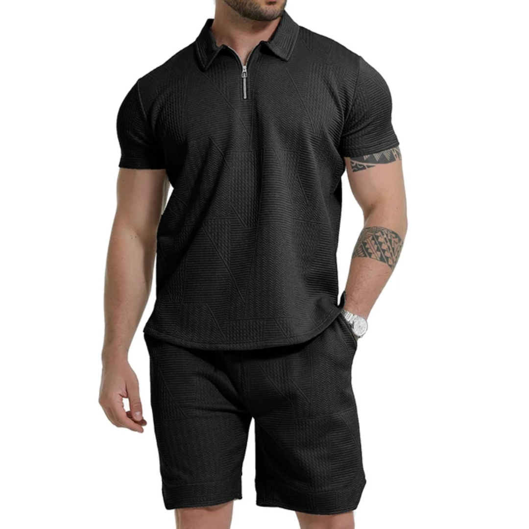 Summer Sport Solid Zipper Collar Short Sleeve Men's Polo Shirt Set