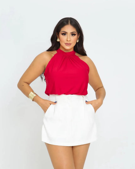 Blusa Feminina Gola Alta Halter Sem Mangas em Suplex Liso Elegante 230