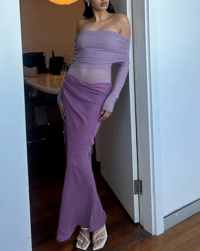 Closet Mally Vestido Fashionável de Malha Transparente com Recorte Ombro a Ombro para Mulheres Onicee 498