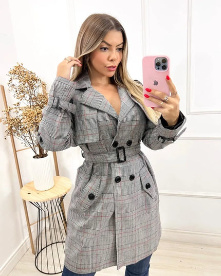 Sobretudo longo xadrez com alças para mulheres 227