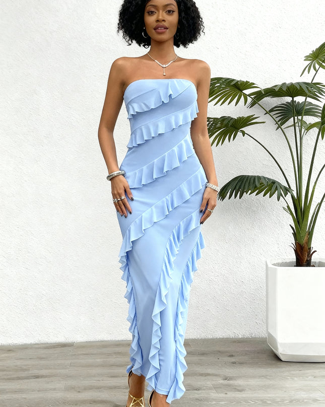 Vestido Longo com Bainha sem alças, Múltiplas Camadas, Estilo Folha de Lótus com Babados 147