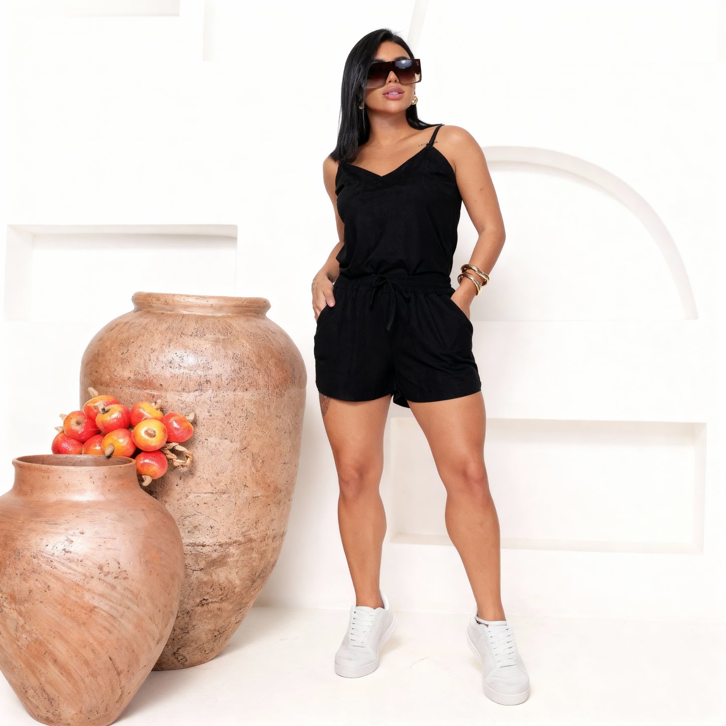 Conjunto Feminino Confortável Short Curto Com Bolso E Blusa De Alça fina 242