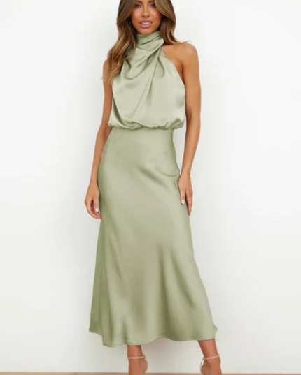 Vestido de Festa Elegante Sem Mangas de Gola Alta em Cetim, Vestido Semiformal de Coquetel 303