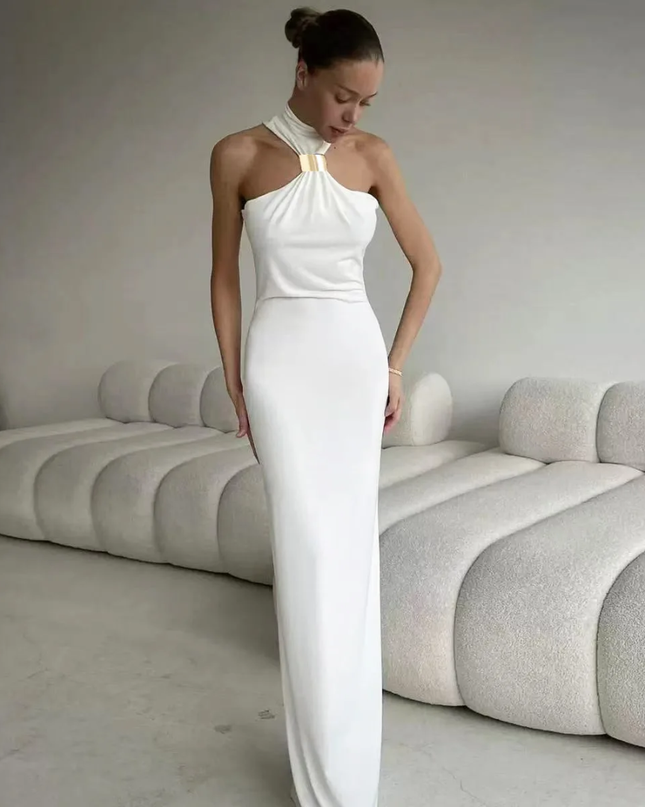 Vestido Preto de Malha Elástica Ajustado com Decoração de Fivela de Metal Elegante e Sexy, Vazado 499