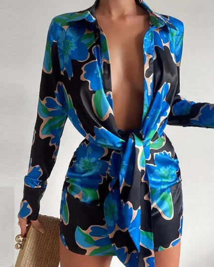 Vestido feminino simples e diário de mangas compridas com estampa aleatória 214