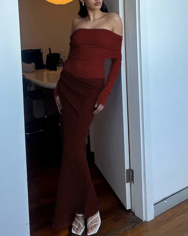 Closet Mally Vestido Fashionável de Malha Transparente com Recorte Ombro a Ombro para Mulheres Onicee 498