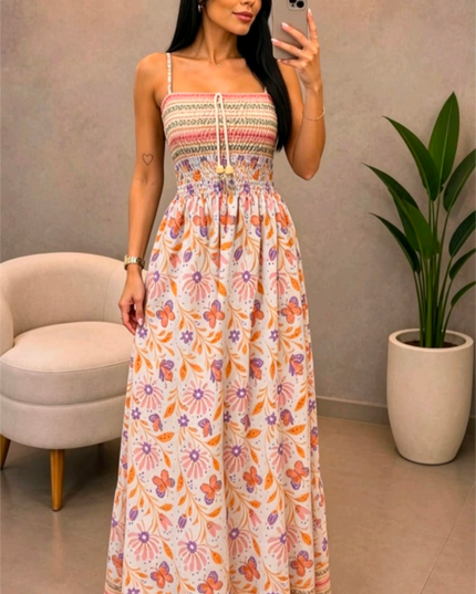 Vestido Longo Feminina  Estampa total  Plantas  Folha    Franzido  Nó  Bainha com babado    Férias  Casamento 558