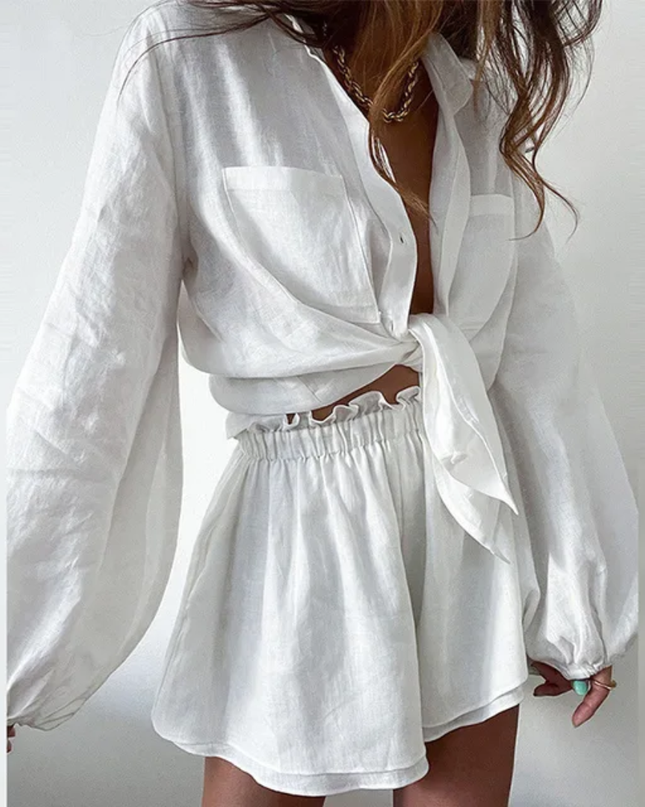 Conjunto de Shorts e Blusa com Babados na Barra, Cor Sólida e Casual para Mulheres 186