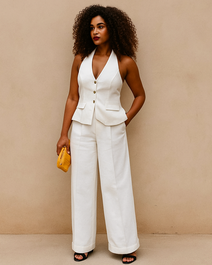 Conjunto Feminino de Duas Peças: Colete com Gola Halter e Calça Longa