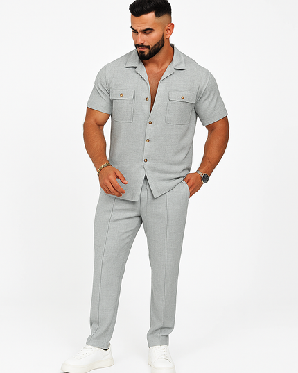 Conjunto Masculino Verão — Camisa Manga Curta com Botões + Calça com Bolsos