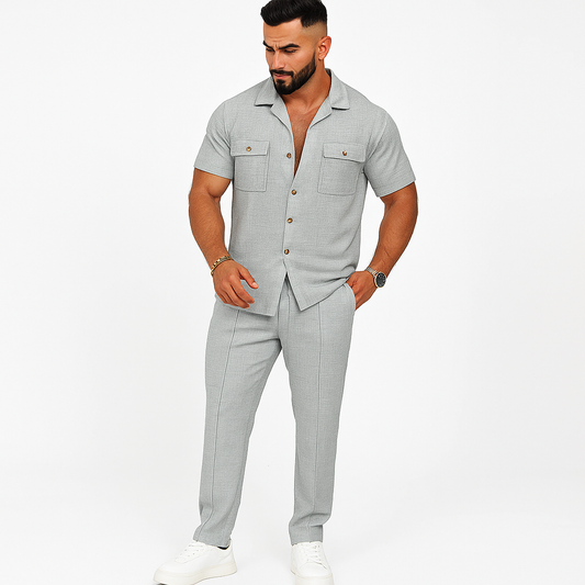 Men's Summer Set — Short Sleeve Button-Down Shirt + Pants with Pockets