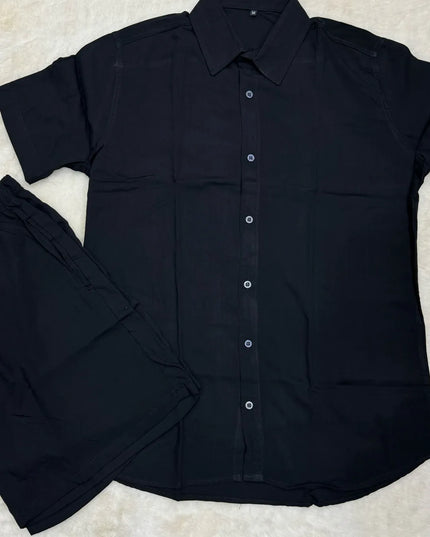 Conjunto masculino de lisa de algodão e manga curta com botões, shorts de praia e verão 473