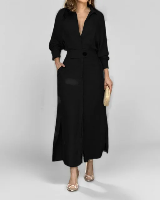 Vestidos Feminino De Lapela De Manga Comprida De Cor Sólida 188