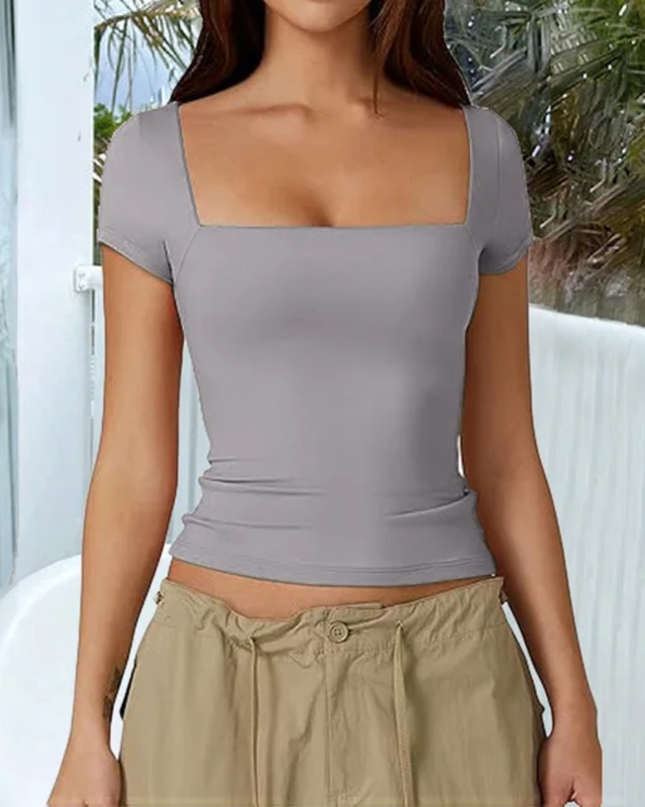 Camiseta Cropped Slim-Fit de Gola Quadrada e Tricô Sólido para Mulheres 173