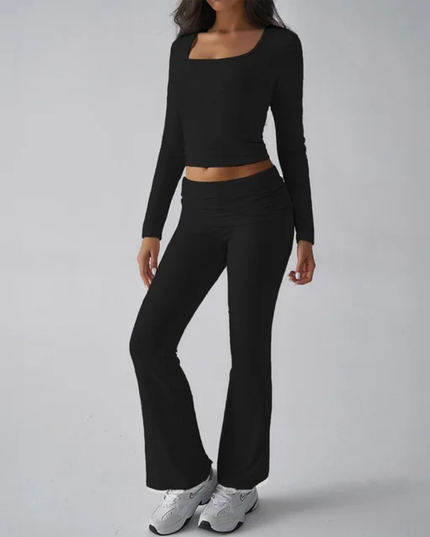 Conjunto de Duas Peças Feminino para Outono, Slim, Sexy, Cor Sólida, Top de Manga Longa com Gola Quadrada e Calça 118