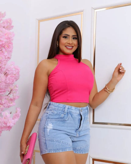 Cropped Top Regata Nadador Feminino Básico Tecido Canelado com Bojo 233