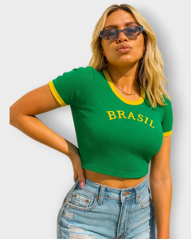 Cropped Brasil Canelado Bordado Copa Do Mundo Futebol 281