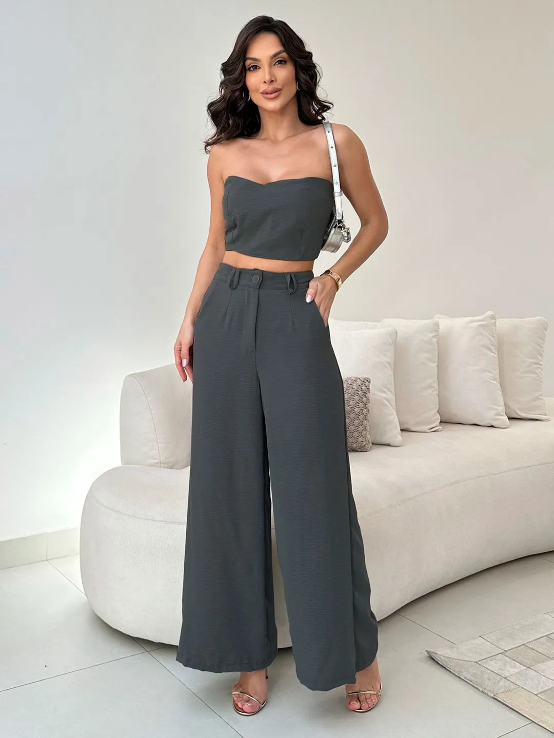 Conjunto Feminino Casual Elegante Calça Pantalona Cintura Alta e Cropped Duna 244