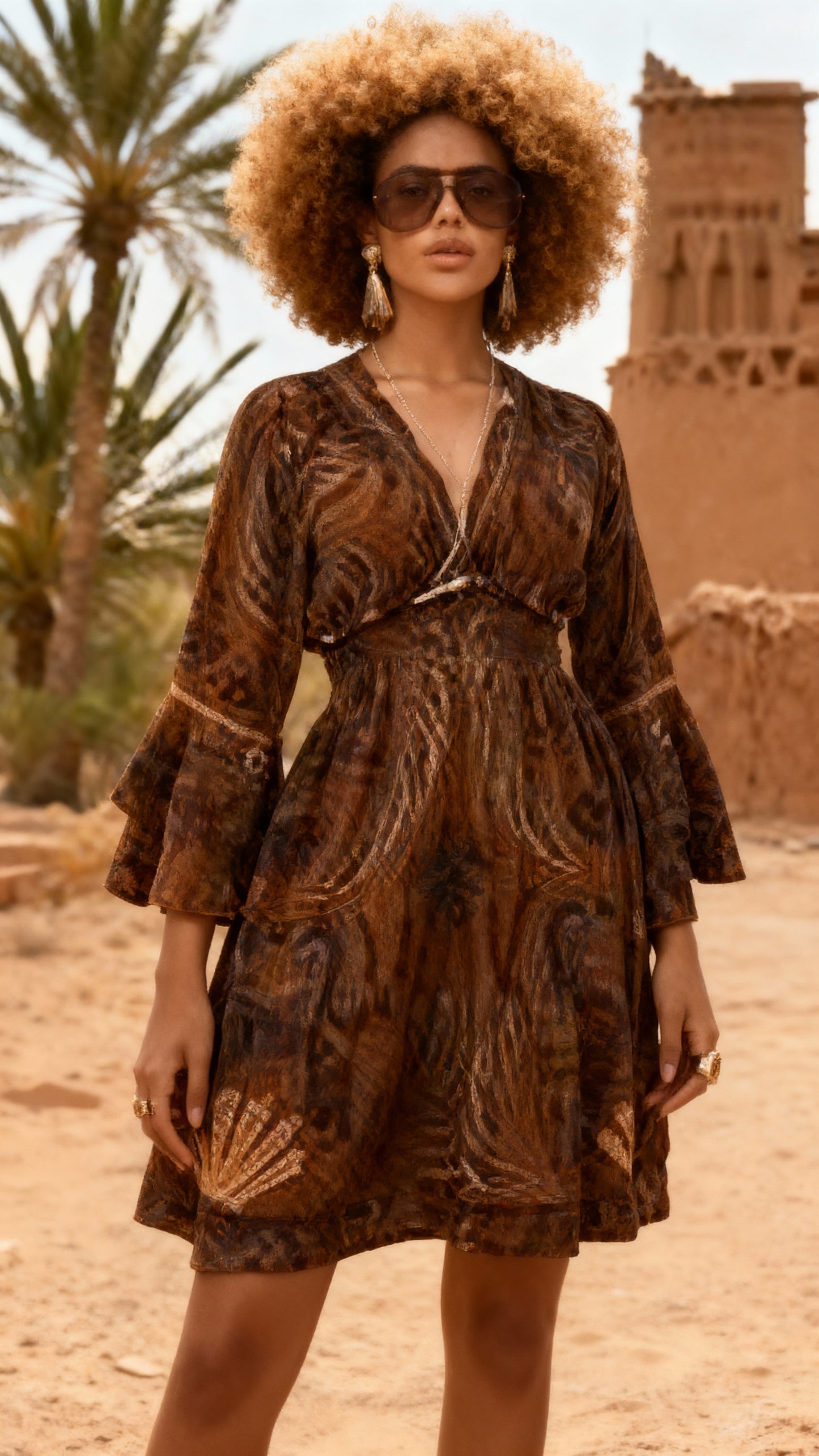 Vestido midi com estampa floral e decote em V de manga comprida 56