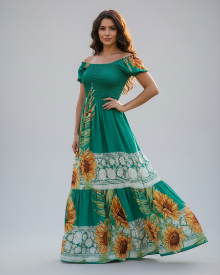 VESTIDO LONGO LASTEX DUAS MARIAS BABADO LEVE CONFORTÁVEL ELEGANTE ESTILOSO CASUAL ESTAMPA FLORAL 531