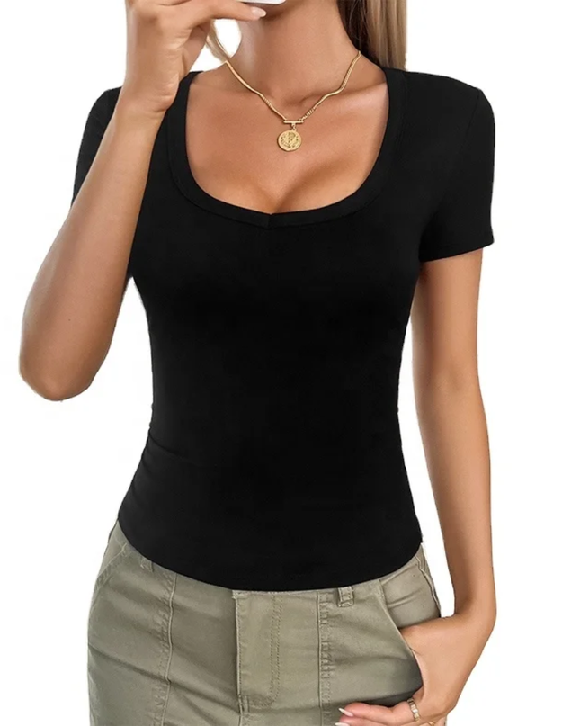 Camiseta feminina de ajuste justo, de manga curta e gola redonda, de cor cinza escuro, adequada 164