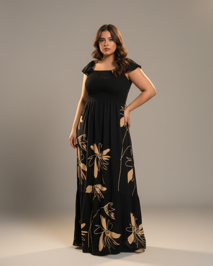 VESTIDO LONGO LASTEX DUAS MARIAS BABADO LEVE CONFORTÁVEL ELEGANTE ESTILOSO CASUAL ESTAMPA FLORAL 531
