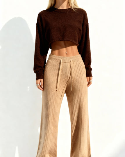 Calças femininas de malha com cintura alta elástica e pernas largas 55