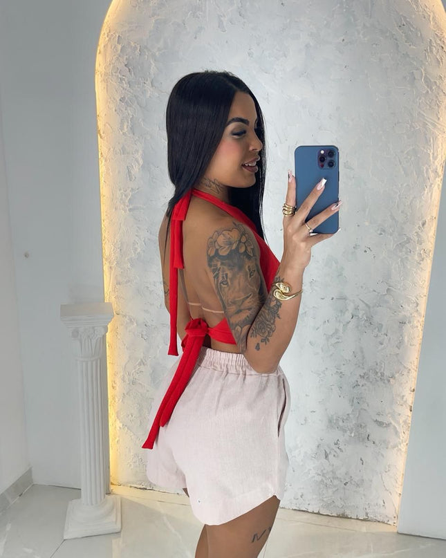 Top de Verão Estilo Retro Y2K, Cropped com Decote Halter, Costas Abertas, Pregueada, Drapeada 335