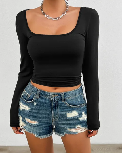 Camiseta Térmica Ajustada de Manga Longa com Decote Quadrado e Cor Sólida Feminine 150