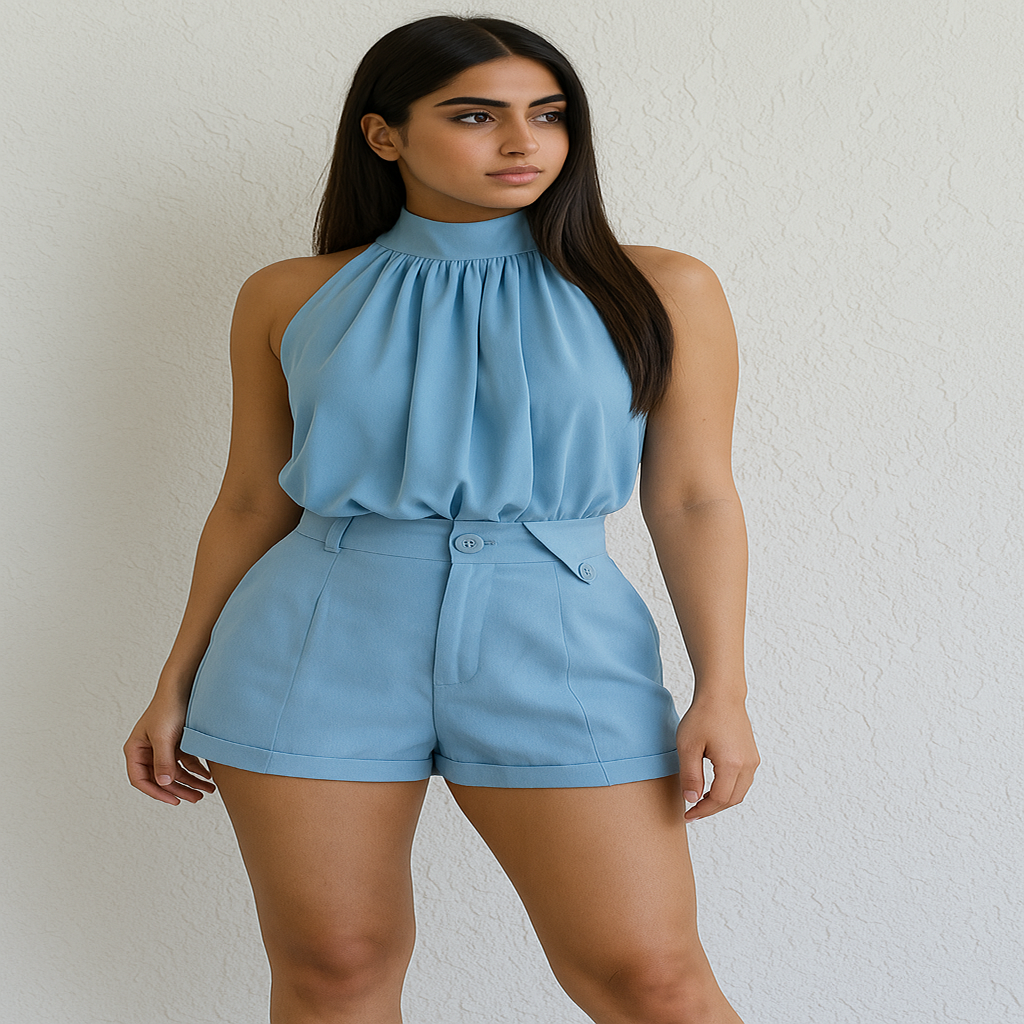 Shorts femininos casuais de algodão elástico, cintura alta e plissados 33