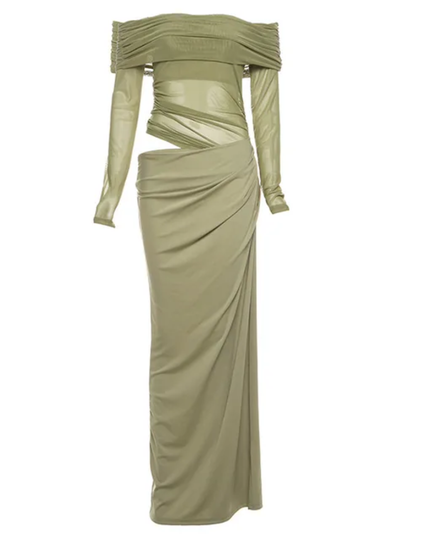 Vestido Longo Ajustado Feminino com Ombro à Mostra Sólido, Tule, Recorte, Sexy e Realçador de Silhueta, Outono 307