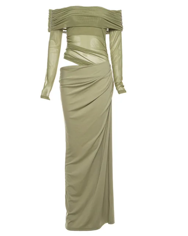 Vestido Longo Ajustado Feminino com Ombro à Mostra Sólido, Tule, Recorte, Sexy e Realçador de Silhueta, Outono 307