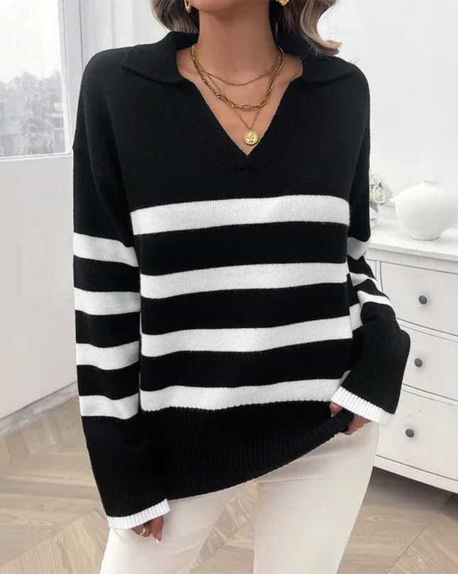 Suéter de Tricô Feminino de Manga Longa com Gola Polo, Estilo Retrô de Listras Coloridas em Bloco, Solto e Meio da Frente, Estilo Vintage 180