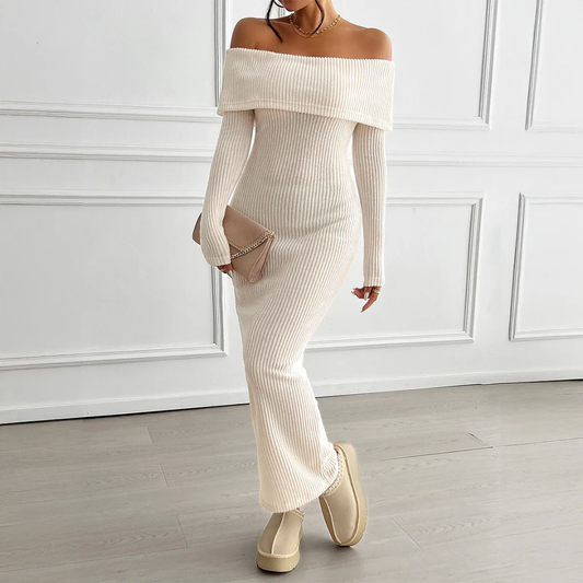 Vestido Tubinho com Ombro Caído, Manga Longa com Decoração de Laço nas Costas 132