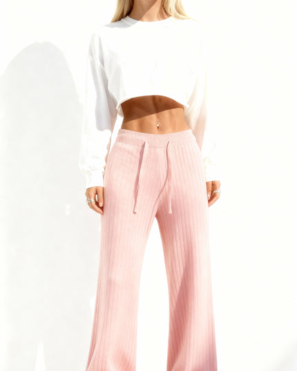 Calças femininas de malha com cintura alta elástica e pernas largas 55