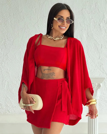 conjunto femenino Look Completo  Duna – Kimono, Cropped com Bojo e Short Saia Confortável 478