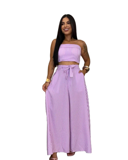 Conjunto Casual Feminino com Top Bandeau Listrado e Calça Longa com Cordão na Cintura 560