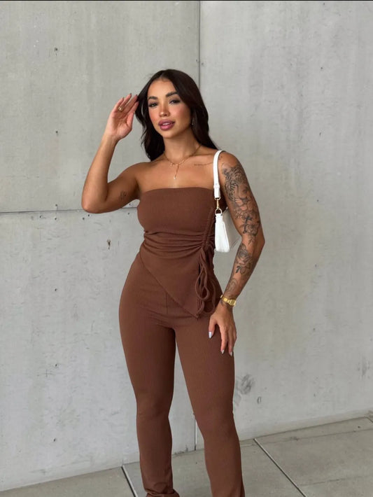 Conjunto cibelly calça canelada blusinha ponta de lado ajustavel 88