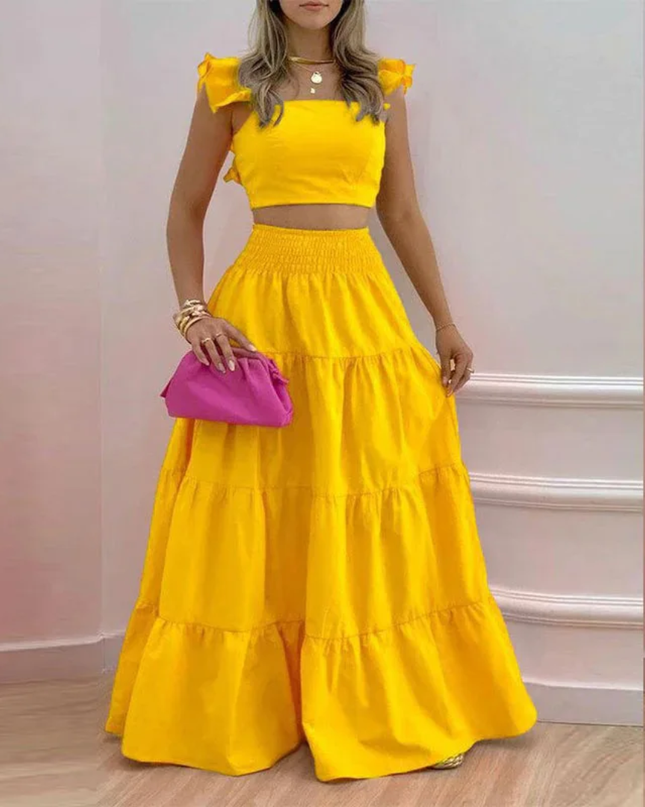 Conjunto de Verão de duas peças para mulheres, Saia Evasê Sensual com Alças e Cintura Média, Estampado na Moda 192