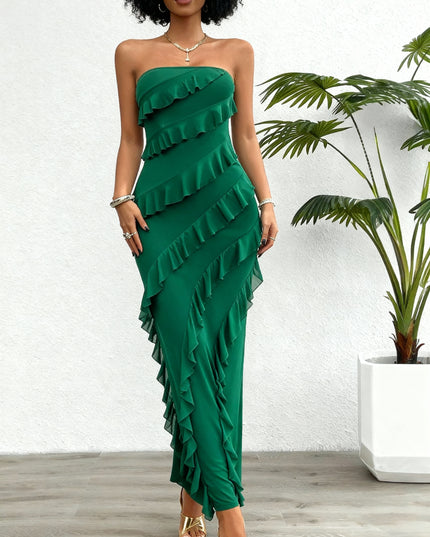 Vestido Longo com Bainha sem alças, Múltiplas Camadas, Estilo Folha de Lótus com Babados 147