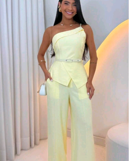 Conjunto Feminino Blusa 1 ombro Assimetrica e calça Pantalona Com cinto 326