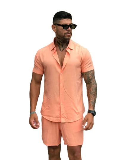 Conjunto Camisa e Short Lisa Havaiano Estampado Listrado Masculino Tecido de Viscolinho com elastano 464