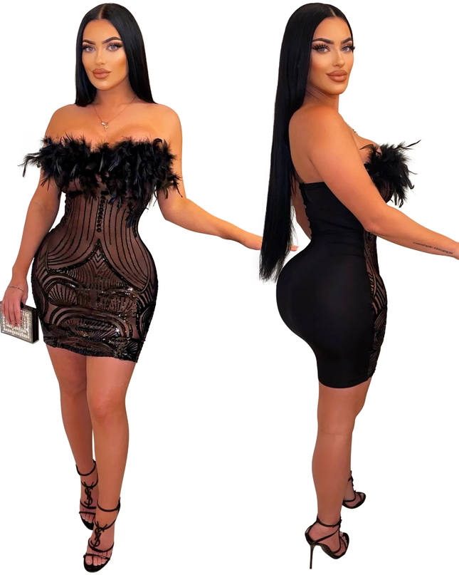 Rafferiza 1 Peça Vestido Tubinho Curto Minivestido com Recorte Peludo ver através para Mulheres 503