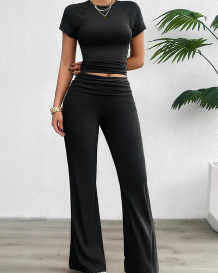 Conjunto de 2 peças Camisa T de Manga Curta Casual e Calça de Perna Dobrada na Cintura em para Mulheres 148