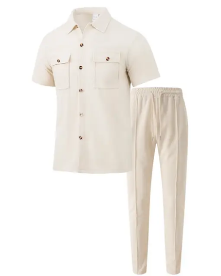 Conjunto Masculino Verão — Camisa Manga Curta com Botões + Calça com Bolsos