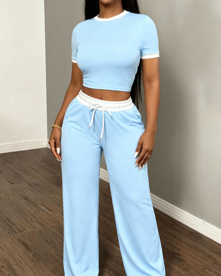 Conjunto Top de Manga Curta Sexy com Contraste de Cor e Calça 2 Peças Feminina 156